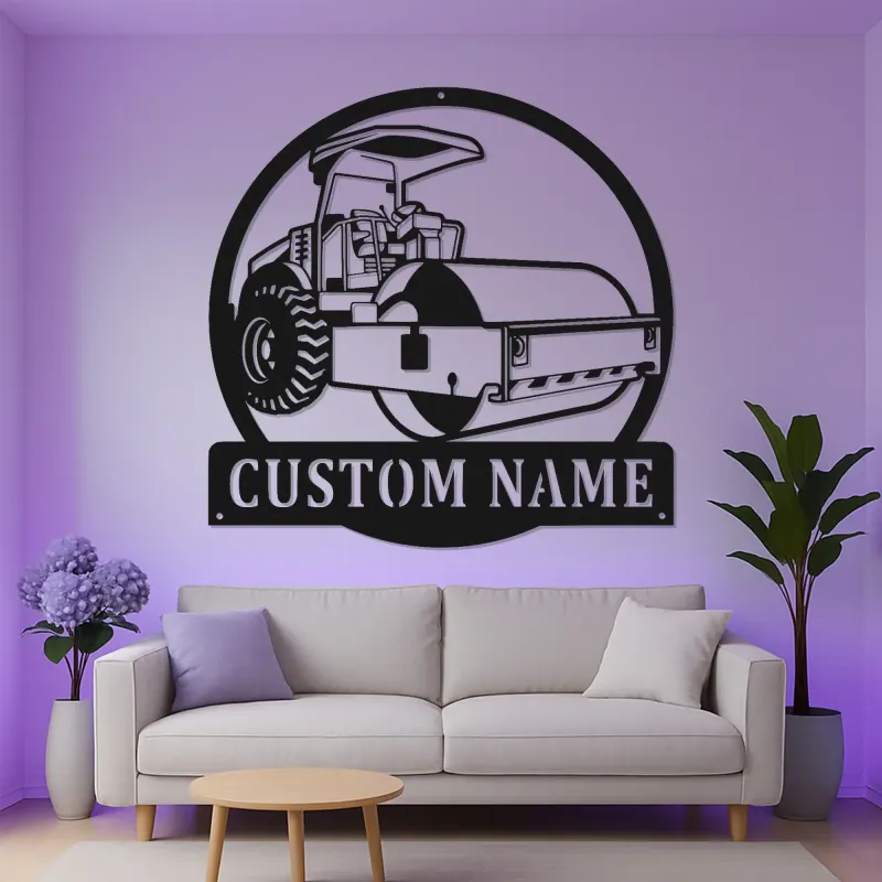 Enseigne de construction Rouleau de route | Décoration murale en métal LED personnalisée | Décor de machines lourdes pour garage ou bureau