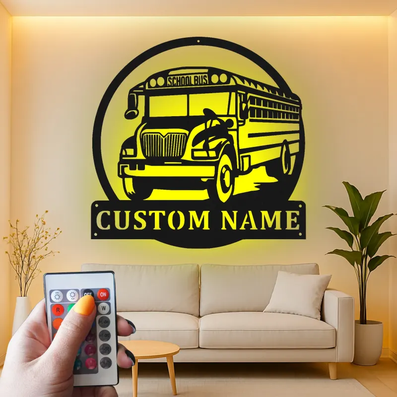 Insegna per Scuolabus Personalizzata | Arte Murale in Metallo Personalizzata con Luci LED | Regalo per Autista di Scuolabus o Decorazione per Aula