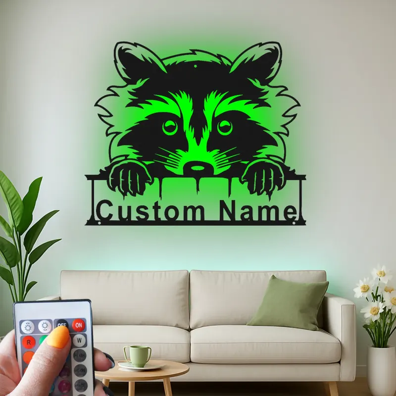 Panneau Métallique Raton Laveur Personnalisé | Plaque de Nom Rétroéclairée pour Nursery | Décor de Chambre d'Enfant Animaux de la Forêt