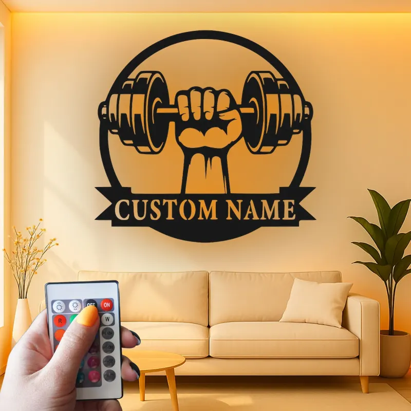 Custom Dumbbell Hand Grip Led Light Metal Wall Art Personalized Fitness Gift for Gym Lovers Home Gym Decor