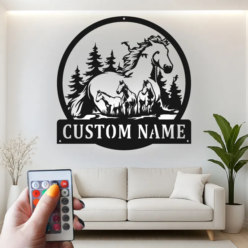 Letrero familiar de caballos personalizado | Decoración mural LED de metal | Decoración ecuestre a medida para casa de campo | Regalo para amantes de los caballos