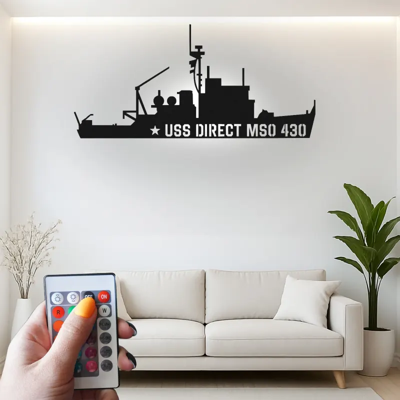 Art mural en métal LED USS Direct MSO 430 | Panneau silhouette de navire de la marine | Cadeau pour vétéran militaire | Décor nautique