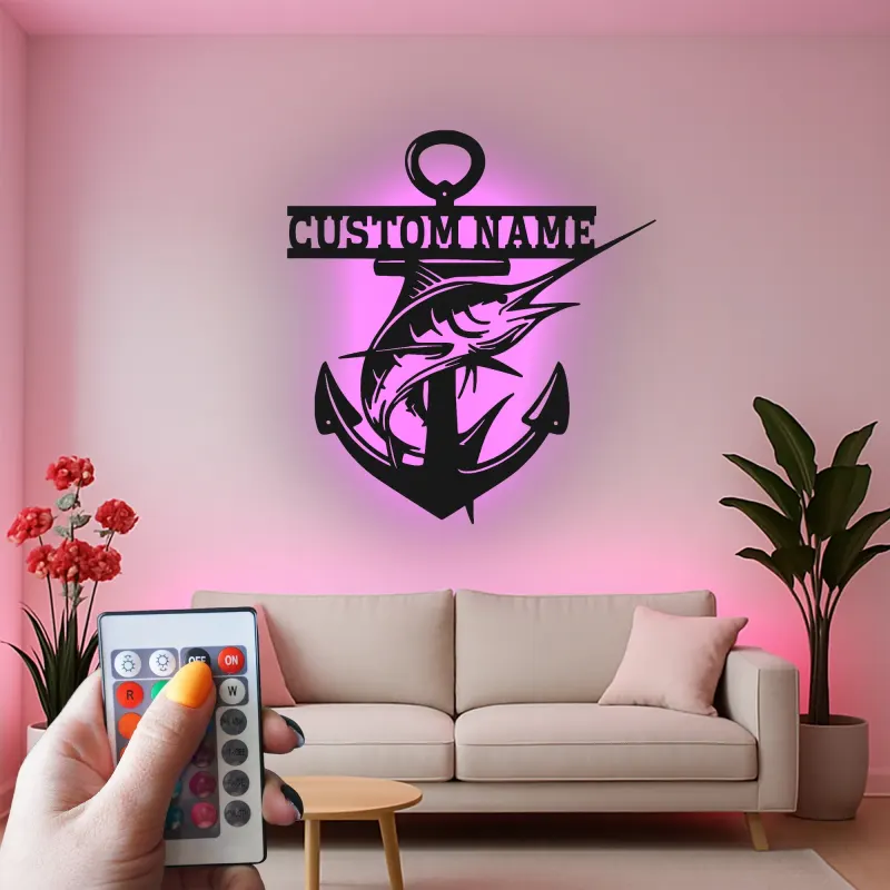 Custom Marlin Anchor Sign | Personalized LED Metal Wall Art | Deep Sea Fishing Decor for Man Cave Gift | Nautical Wall Decor