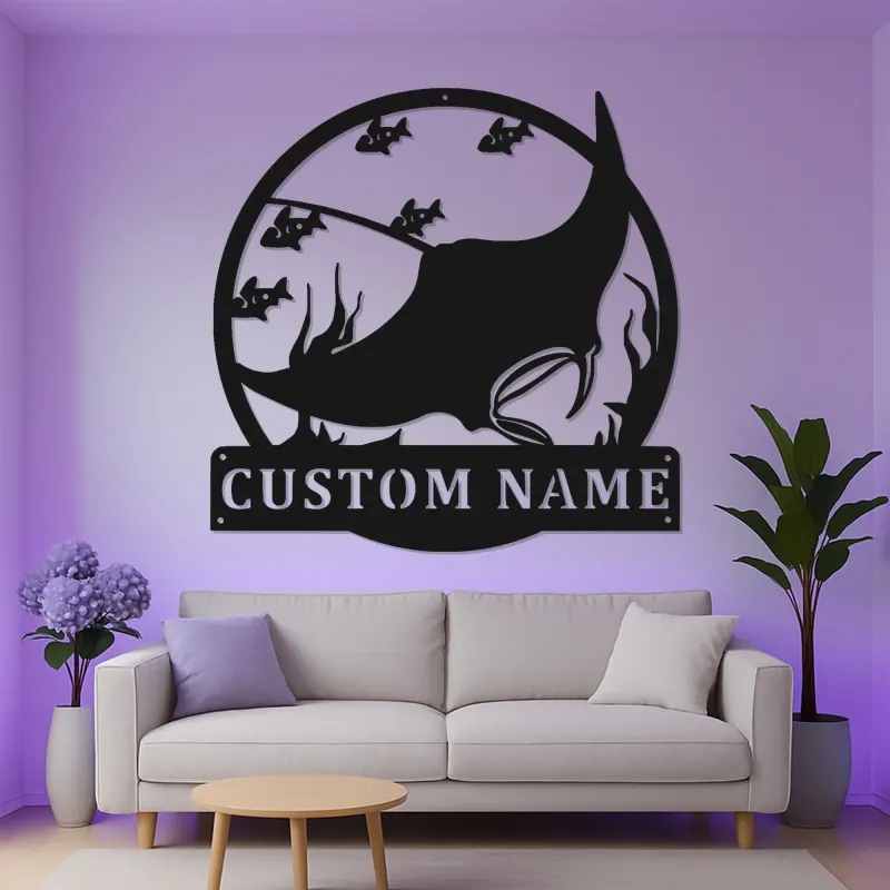 Custom Manta Ray Metal Wall Art | LED Ocean Life Sign | Personalized Nautical Decor for Beach House | Gift for Marine Lovers