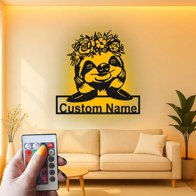 Insegna con Nome Personalizzata di Bradipo con LED | Insegna in Metallo Personalizzata | Decorazione per Nursery e Stanza dei Bambini | Luce Animale Floreale
