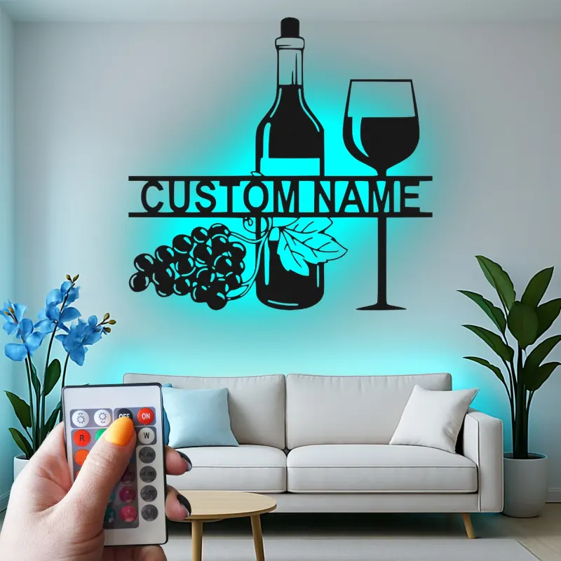 Personalisierte LED-beleuchtete Metall-Wandkunst mit Weinflasche und Glas – Geschenk für Weinliebhaber für Küche oder Bar