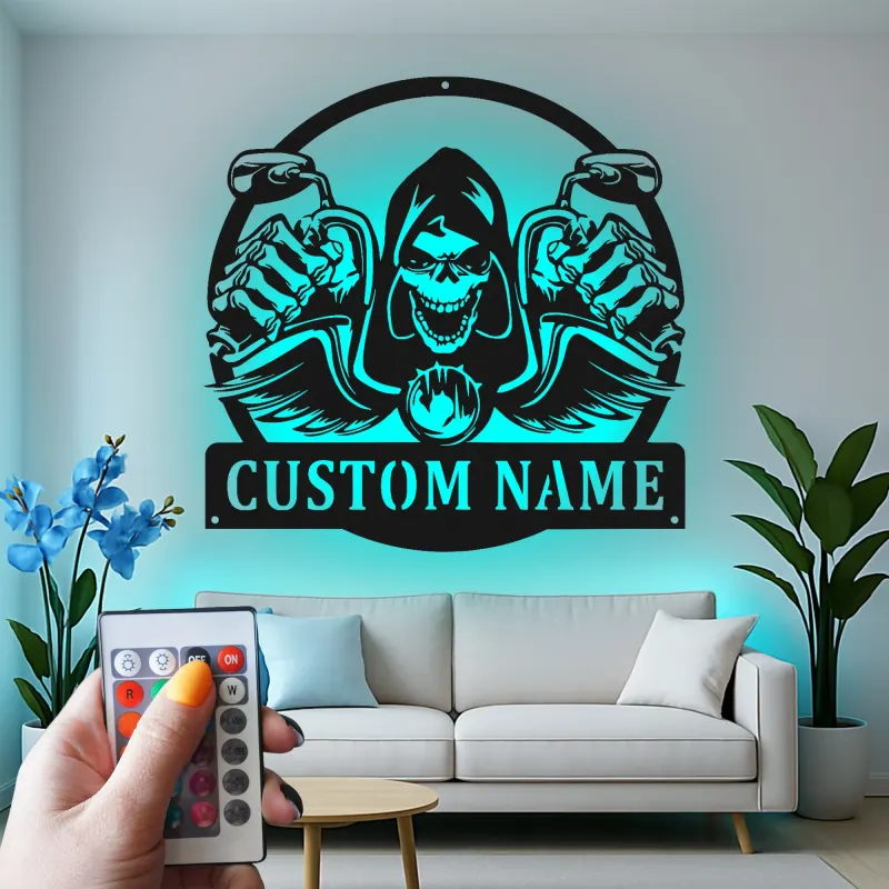 Plaque en métal Faucheuse à moto | Décoration murale LED personnalisée | Plaque motard sur mesure pour garage et man cave