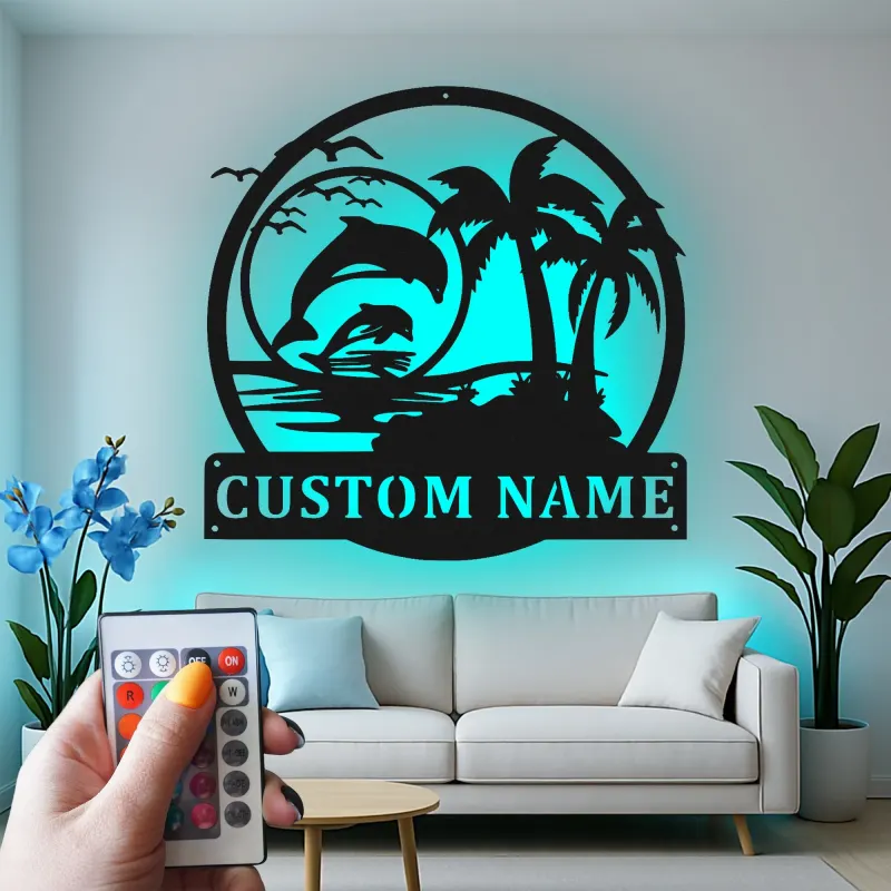 Décoration murale en métal personnalisée avec scène de plage de dauphins et rétroéclairage LED - Cadeau pour amoureux de l'océan - Décor côtier
