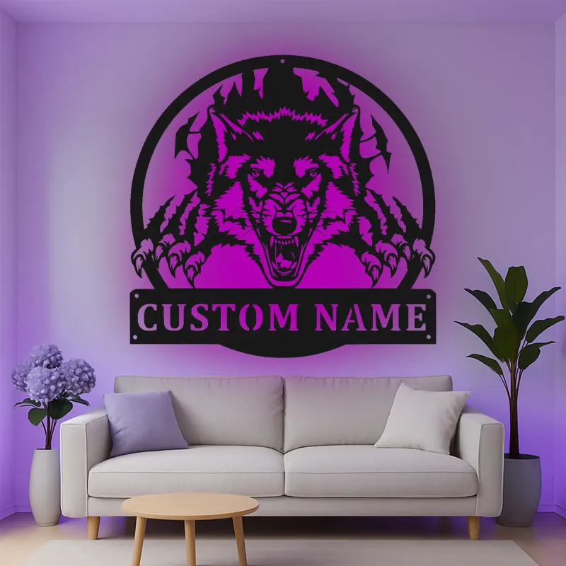 Insegna in metallo LED personalizzata con lupo - Regalo per lui, decorazione per man cave o sala giochi