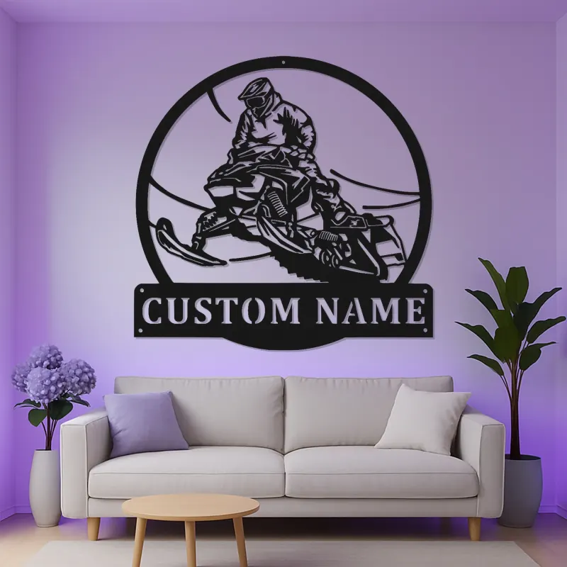 Insegna in metallo per pilota di motoslitta personalizzata | Arte murale LED | Regalo per sport invernali per garage e man cave