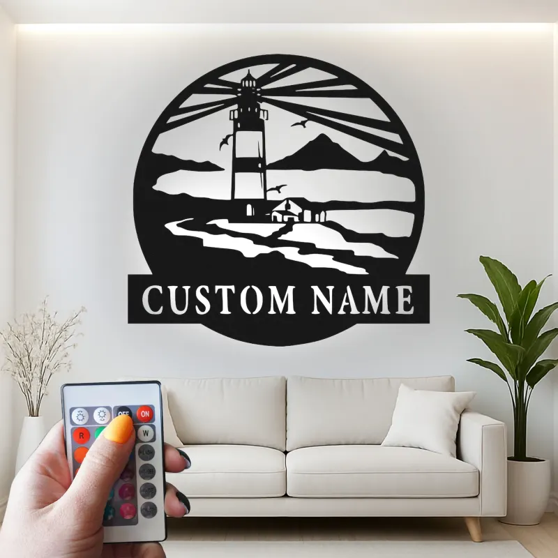 Décoration murale en métal personnalisée avec scène de phare et rétroéclairage pour les amoureux de la plage