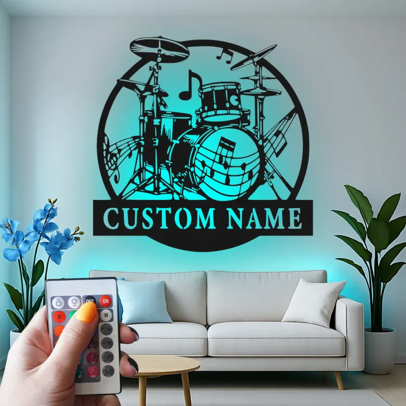 Insegna in metallo LED a forma di set di tamburi personalizzata Regalo per musicisti Decorazione per sala musica per batteristi