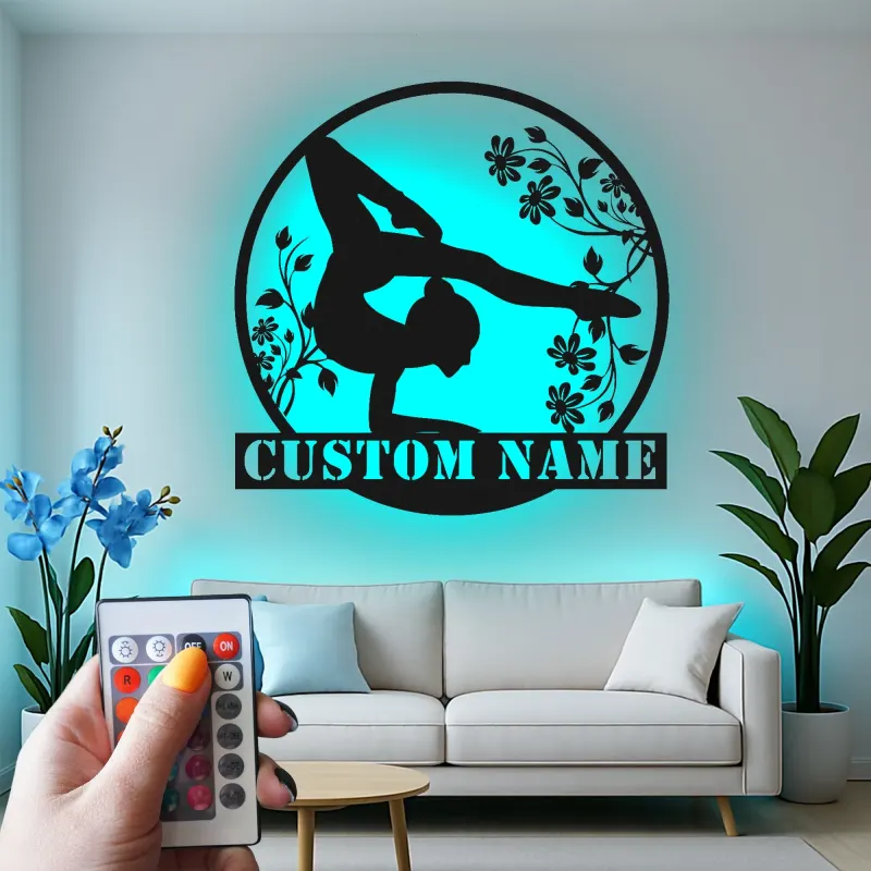 Arte murale LED in metallo per ginnastica | Insegna personalizzata con nome per cameretta ragazza | Decor floreale per ginnasta