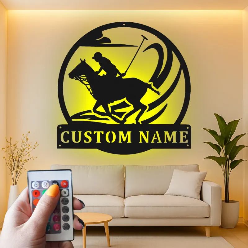 Insegna in metallo per giocatore di polo | Insegna LED personalizzata per equitazione | Regalo personalizzato per cavallerizzo | Decorazione per scuderia