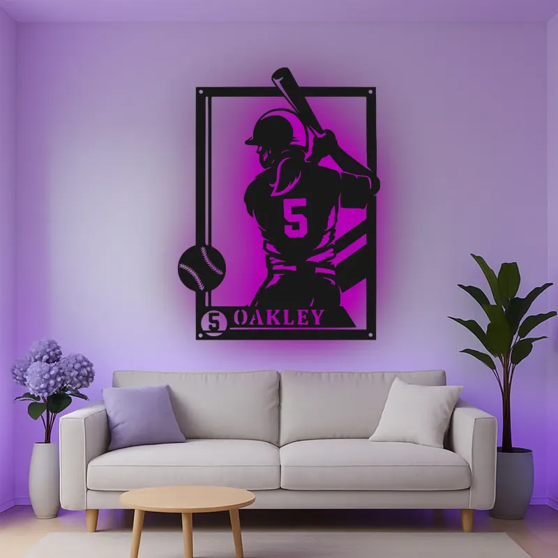 Décoration murale en métal personnalisée joueur de baseball avec rétroéclairage LED