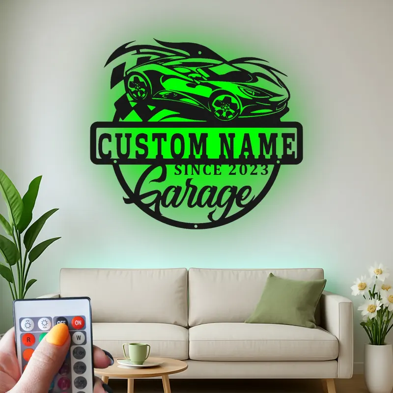 Insegna in metallo personalizzata garage auto sportiva con luce LED regalo per appassionati di auto decorazione per man cave
