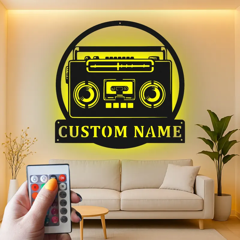 Cartel de metal personalizado con luz LED de boombox, regalo para amantes de la música, decoración retro para sala de juegos