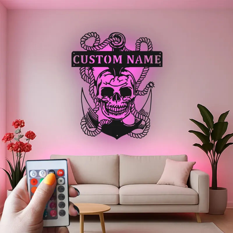 Insegna LED Teschio Pirata con Ancora | Arte Murale in Metallo Personalizzata | Decorazione Nautica per Man Cave e Regalo Personalizzato per Marinai
