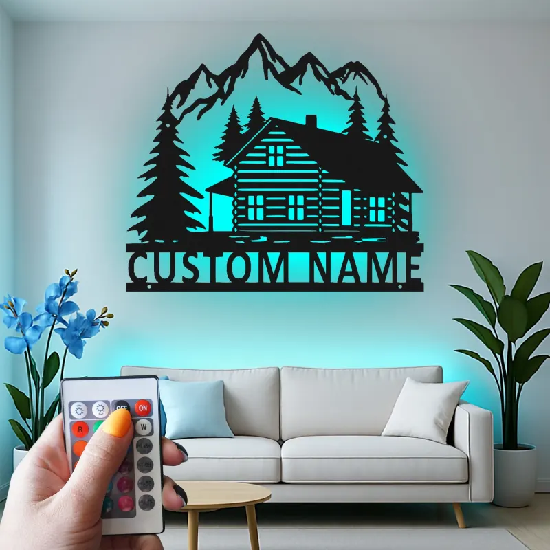 Custom Mountain Cabin Led Light Metal Wall Art Personalized Housewarming Gift Rustic Living Room Decor