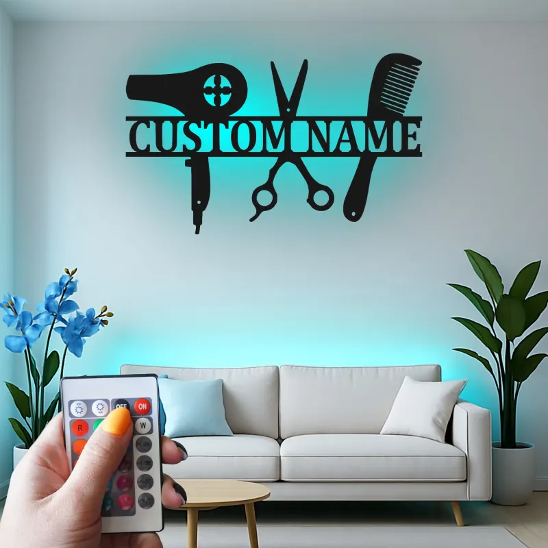 Enseigne LED pour coiffeur | Décor de salon en métal personnalisé avec nom | Cadeau personnalisé pour coiffeur et décoration murale pour studio beauté