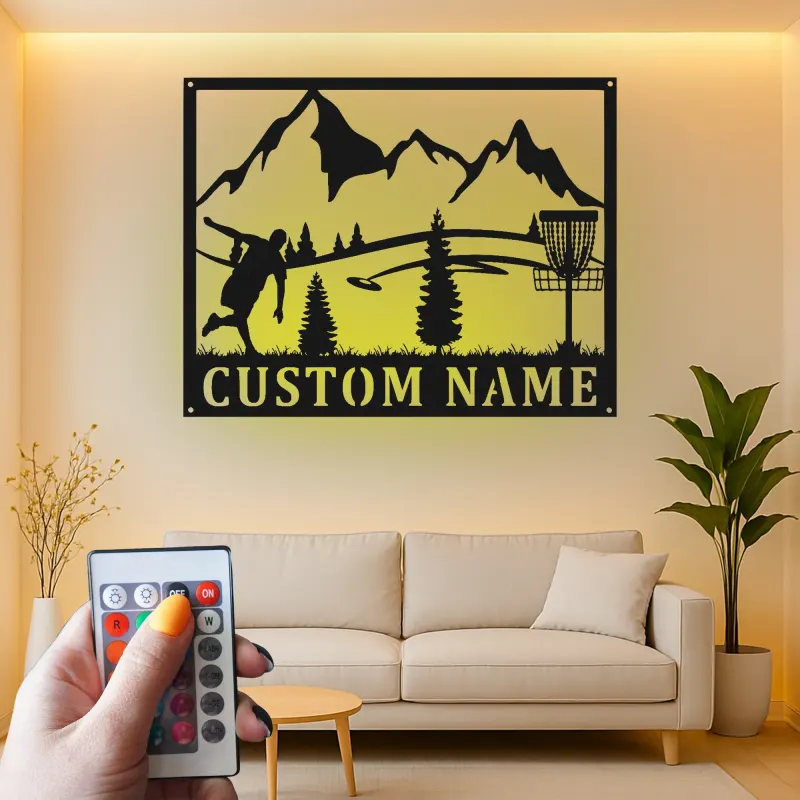 Insegna in metallo LED a forma di disc golf personalizzata - Regalo per appassionati di disc golf, decorazione per sala giochi o esterni