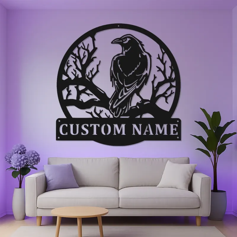 Custom Raven Metal Sign with LED | Personalized Gothic Bird Wall Art | Backlit Wildlife Decor for Entryway