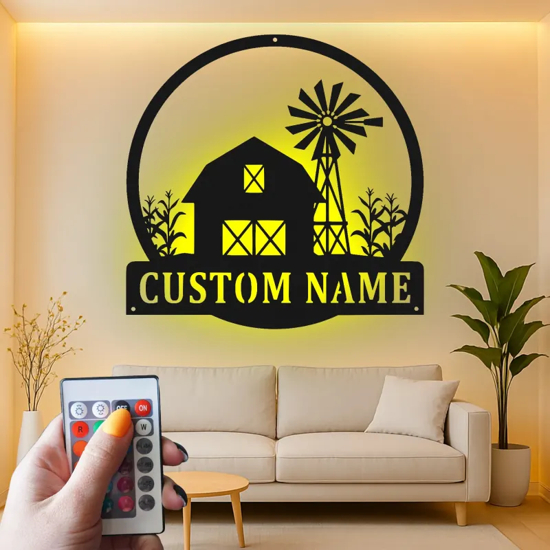 Panneau LED personnalisé de ferme | Décoration murale en métal personnalisée avec grange et éolienne | Décor rustique pour la maison familiale