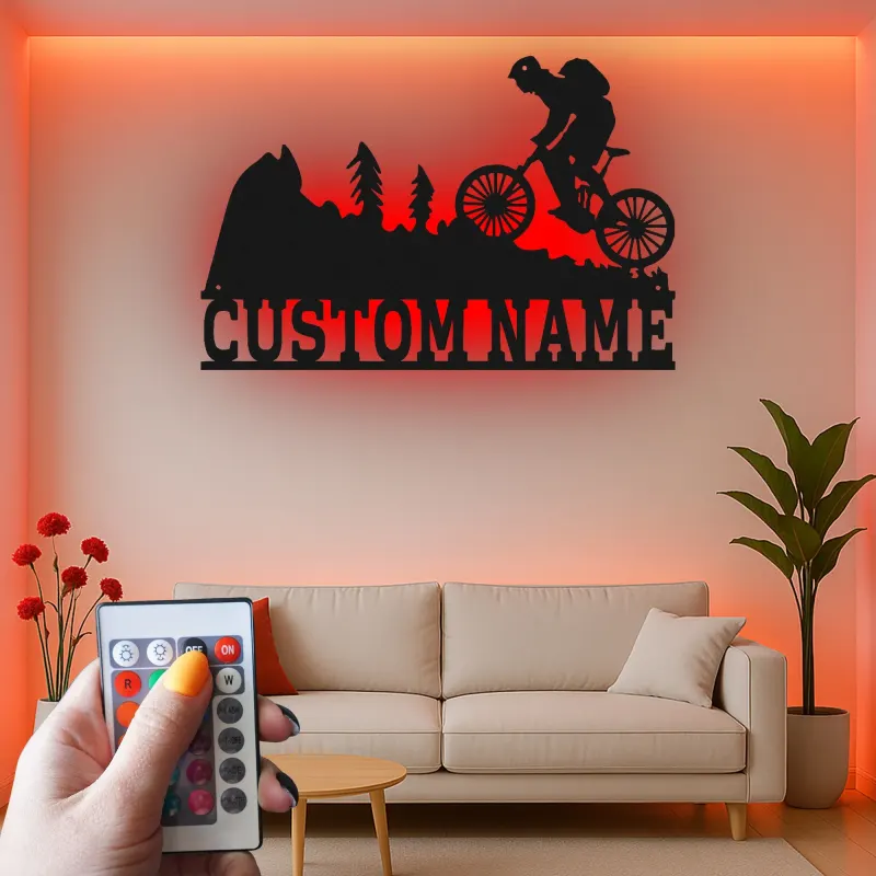 Custom Mountain Biker Metal Sign | Personalized LED Wall Art for Cyclist | Biking Decor Gift for Outdoor Enthusiast