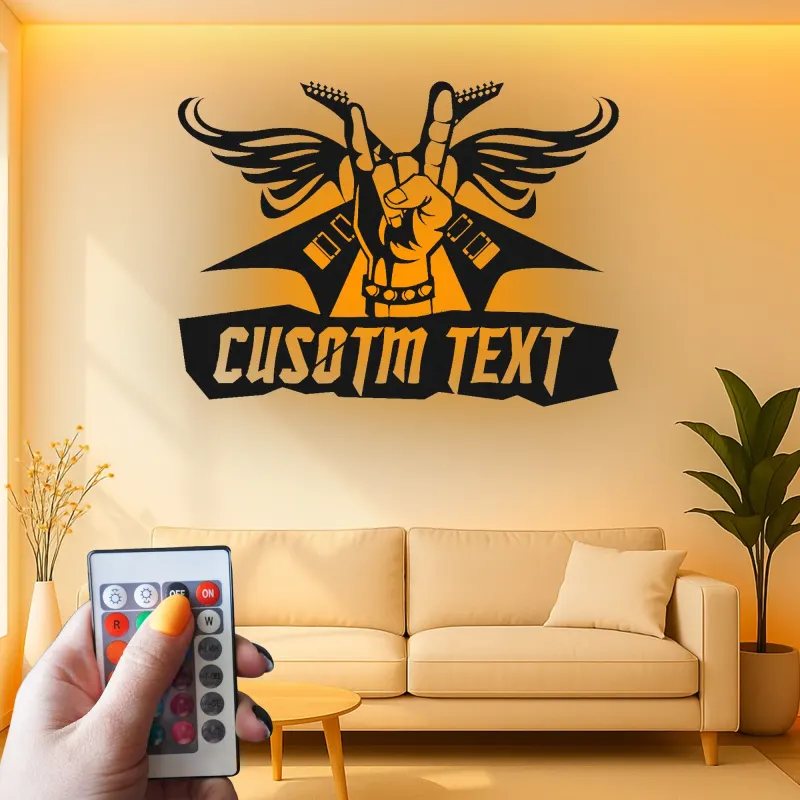 Cartel de metal Rock and Roll personalizado | Arte mural LED de alas de guitarra | Decoración de estudio de músico personalizada | Regalo de heavy metal para él
