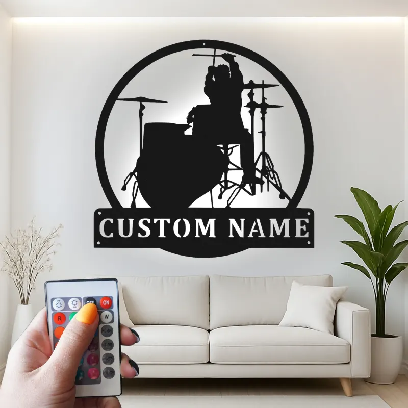 Insegna in metallo LED personalizzata con silhouette di batterista - Regalo per amanti della musica, decorazione per studio musicale o camera da letto