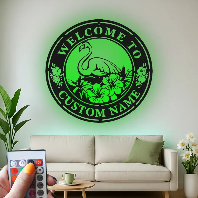 Individuelles Flamingo LED Schild | Personalisierte Metall Wandkunst | Tropische Hibiskus Willkommensdekoration für Terrasse & Außenbereich | Einweihungsgeschenk Idee