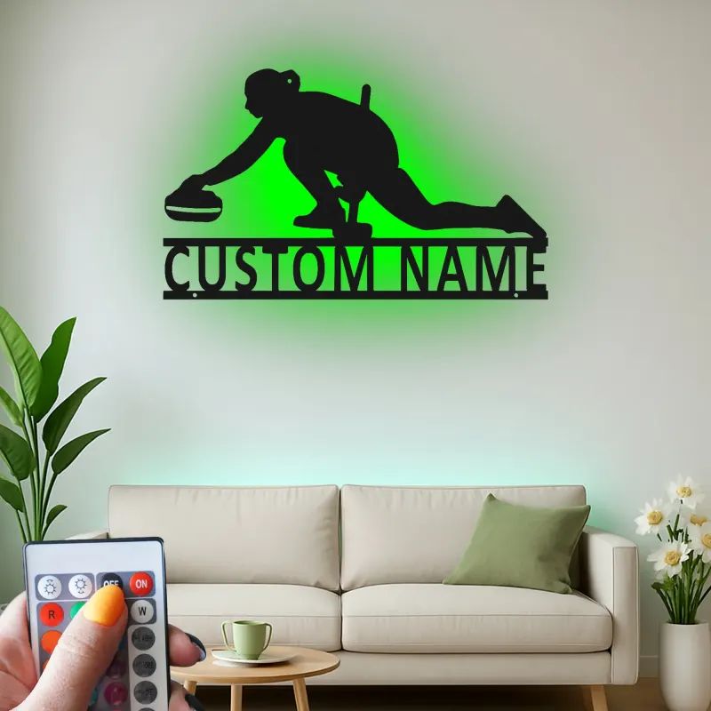 Personalisierte LED-Metall-Wandkunst mit Curling-Spieler – Sportgeschenk für Curling-Fans, Deko fürs Spielzimmer