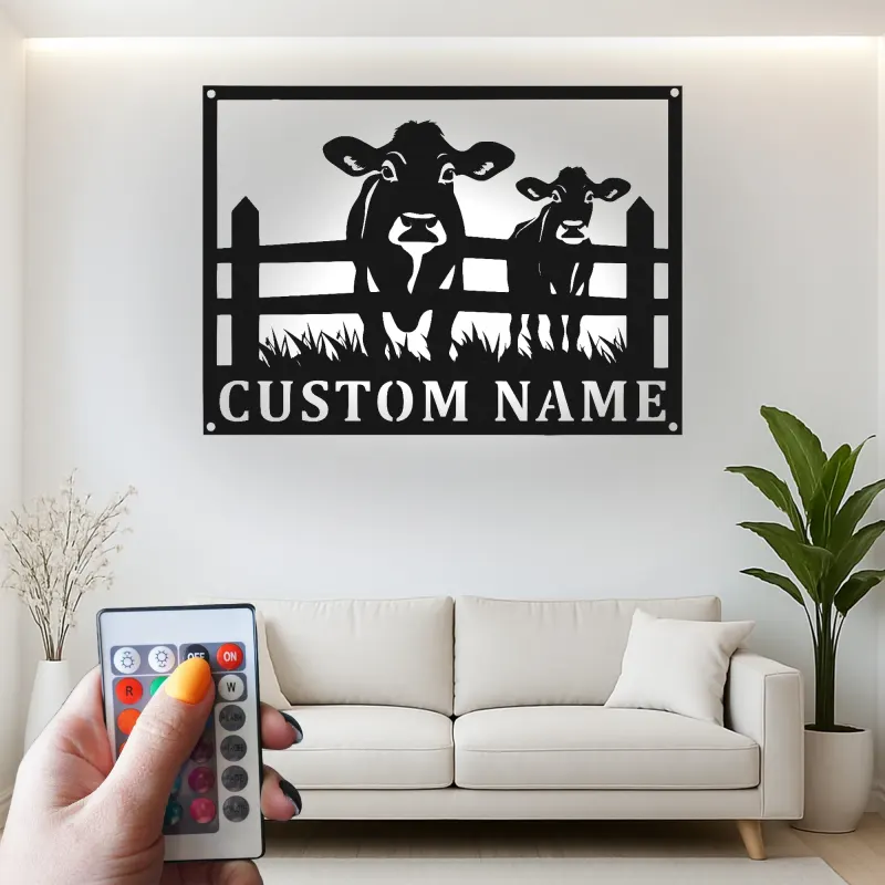Insegna in metallo LED personalizzata con mucca e vitello - Regalo per agricoltori - Decorazione rustica per fienile