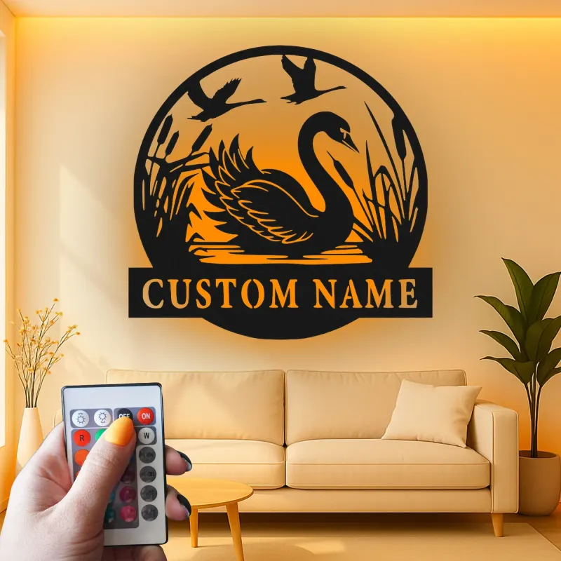 Swan Metal Wall Art with LED | Custom Name Sign for Home | Personalized Wildlife Pond Decor | Elegant Housewarming Gift