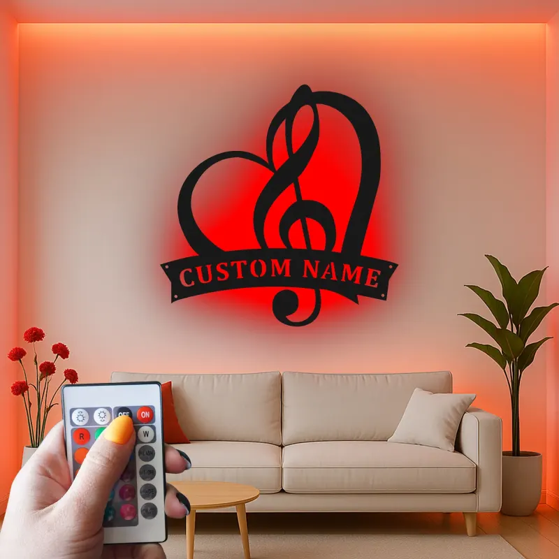 Panneau note de musique personnalisé | Décoration murale en métal LED sur mesure | Cadeau romantique pour musicien | Décor cœur et clé de sol