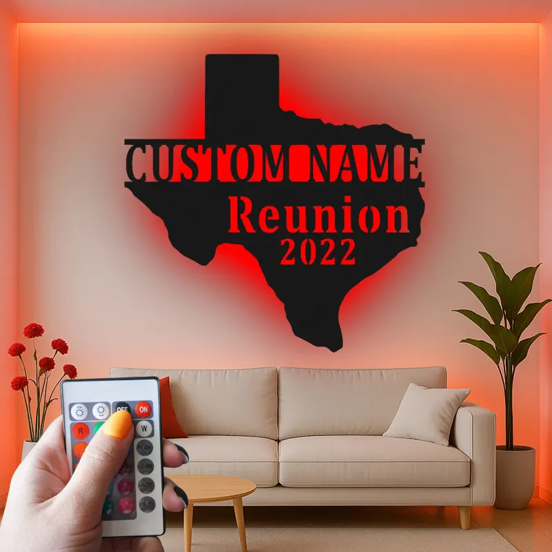 Enseigne en métal LED personnalisée Texas | Décoration murale pour réunion de famille personnalisée | Décor en silhouette d'état rustique