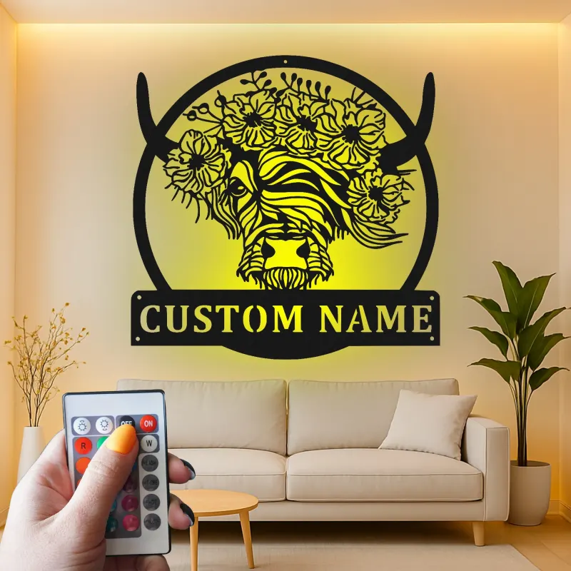 Custom Highland Cow LED Sign | Floral Metal Wall Art for Farmhouse Decor | Personalized Rustic Gift for Cow Lover