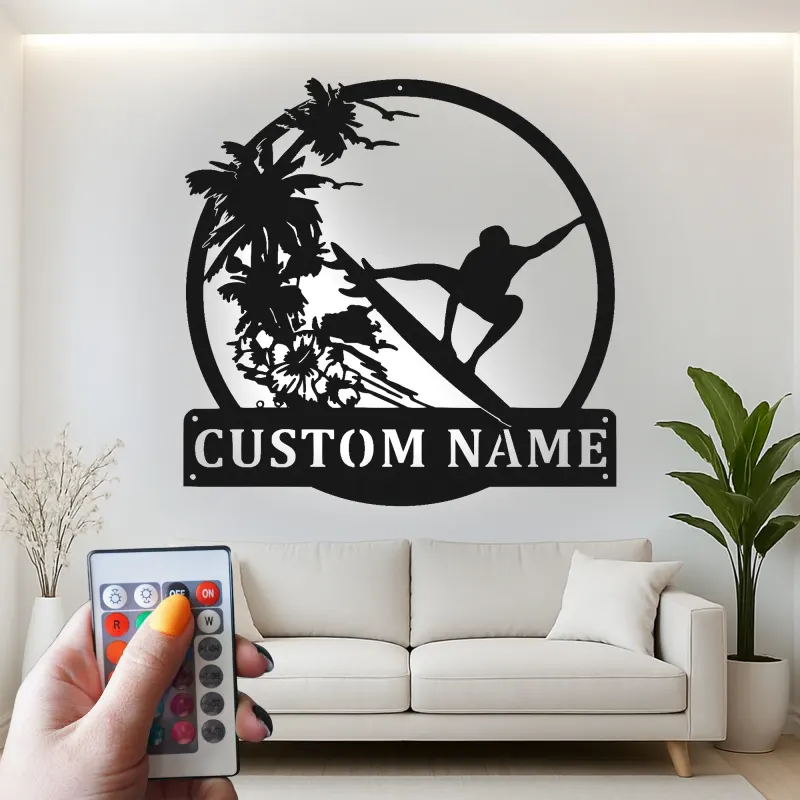Custom Surfer Metal Wall Art | Personalized LED Beach House Decor | Tropical Wave Silhouette Sign | Gift for Ocean Lovers