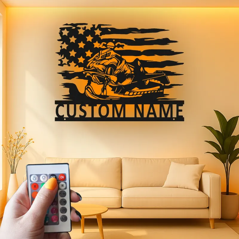 Arte in metallo per jet ski personalizzata | Insegna LED con bandiera americana | Decorazione per acquascooter personalizzata | Regalo per rider per casa al lago e garage