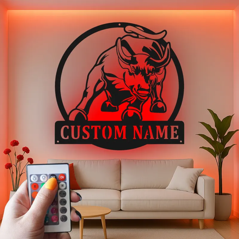 Insegna in metallo personalizzata con luce LED a forma di toro, regalo per allevatori, decorazione rustica per il soggiorno