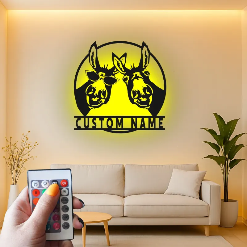 Insegna in metallo LED Donkey Duo personalizzata regalo rustico per la casa