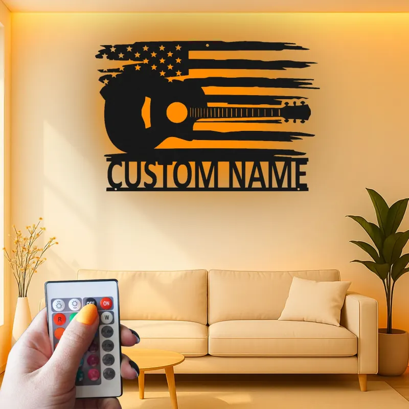 Insegna in metallo Chitarra e bandiera americana | Arte murale LED personalizzata per musicisti | Decorazione patriottica per casa e studio