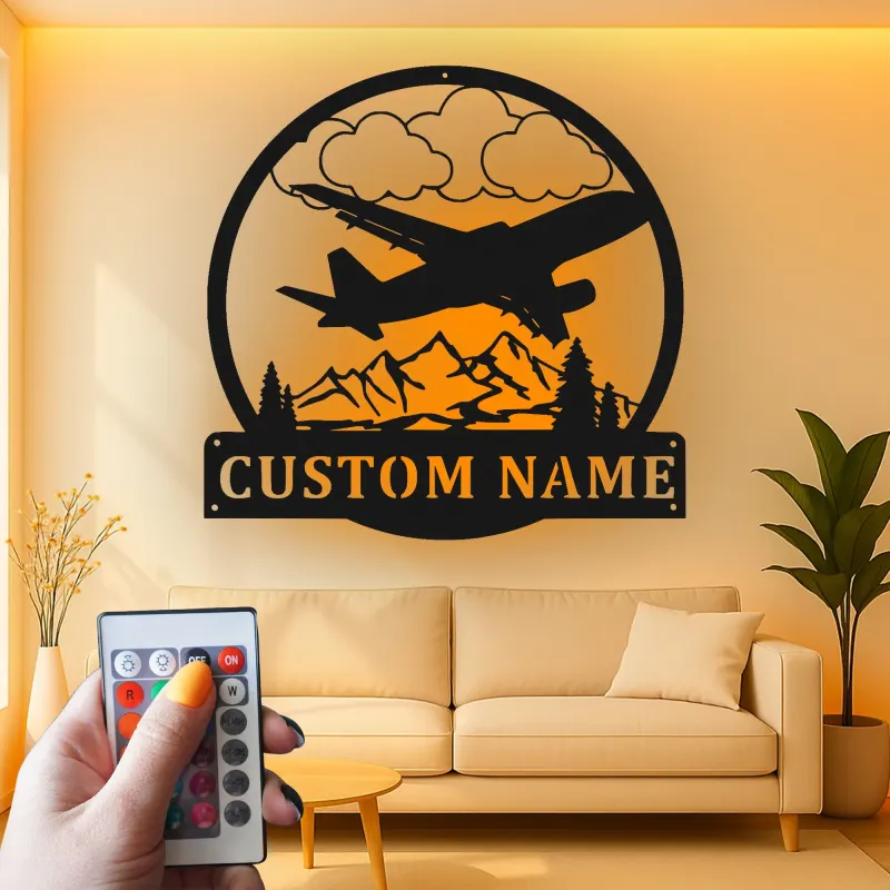 Personalisierte LED-beleuchtete Metall-Wandkunst Flugzeug Geschenk für Piloten Hangar oder Büro Dekor 1