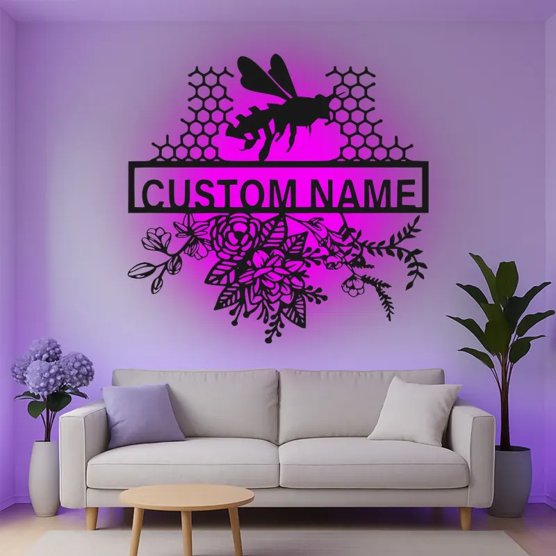 Décoration murale en métal personnalisée Abeille et Rayons de miel avec rétroéclairage pour les amoureux de la nature