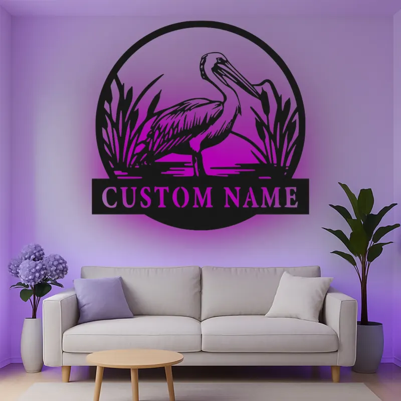Décoration murale en métal LED personnalisée avec pélican - Cadeau côtier