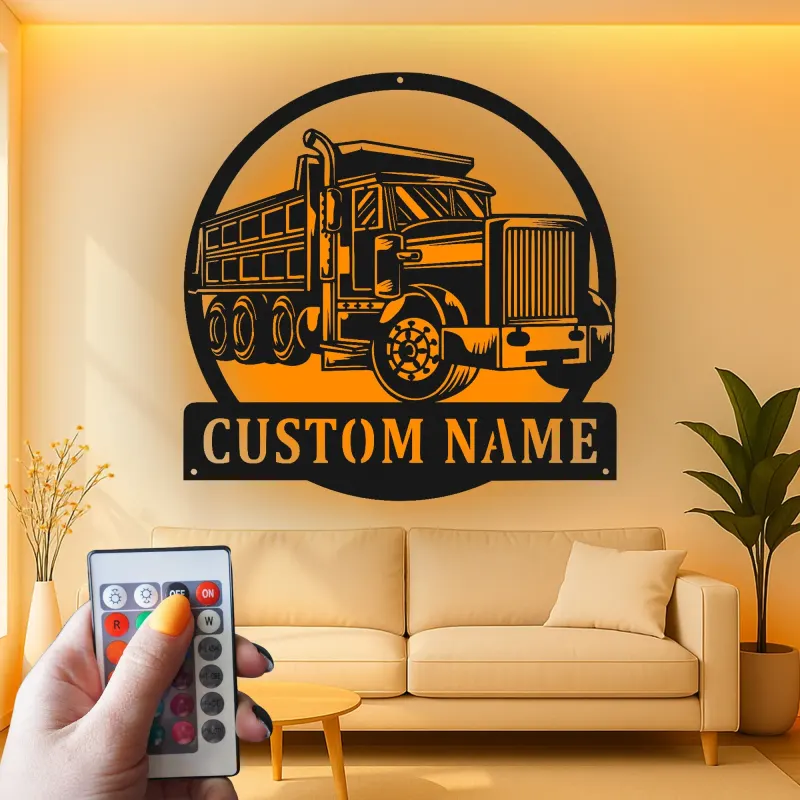 Décoration murale en métal LED personnalisée pour camion-benne - Cadeau pour passionnés de camions, décoration de garage ou de salle de jeux