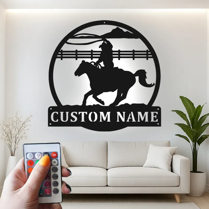 Custom Cowboy Rodeo Led Light Metal Wall Art Personalized Western Gift for Him Ranch Living Room Decor