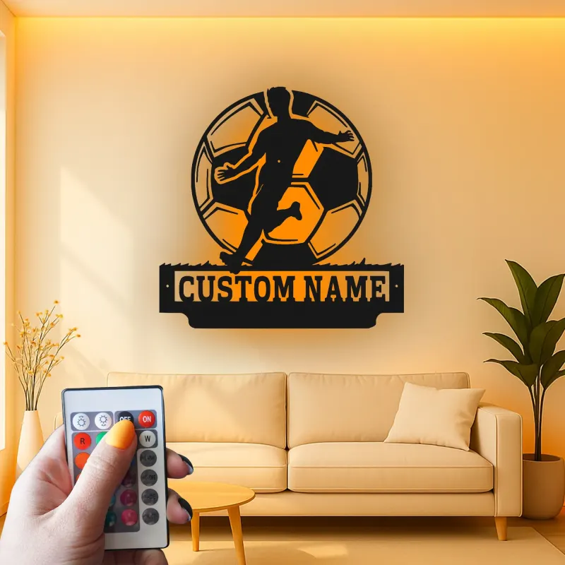 Cartel de Metal de Jugador de Fútbol Personalizado | Decoración Mural LED Personalizada | Decoración para Habitaciones de Atletas | Regalo de Fútbol con Nombre