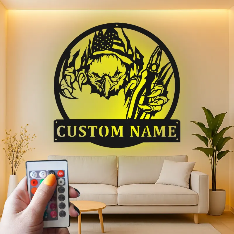 Décoration murale en métal personnalisée avec éclairage LED Aigle Américain - Cadeau patriotique pour lui, décoration de garage ou de man cave