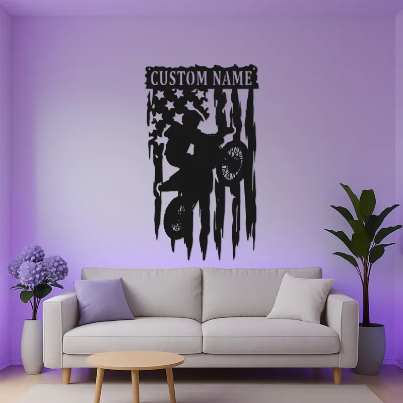 Personalized Motocross Metal Art | LED Dirt Bike American Flag Sign | Custom Name Wall Decor for Teen Boy Bedroom or Garage Gift